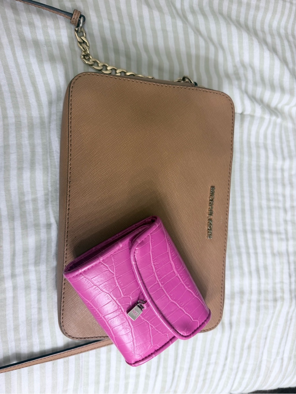 Michael Kors Tan Crossbody with Hot Pink Croc Wallet